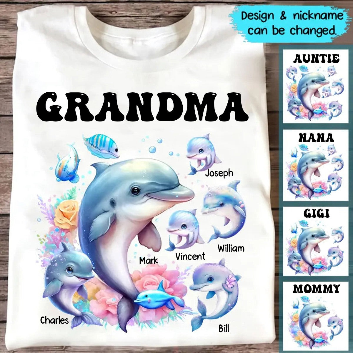 Personalized Grandma Dolphin with Kid Names Printed T-shirt