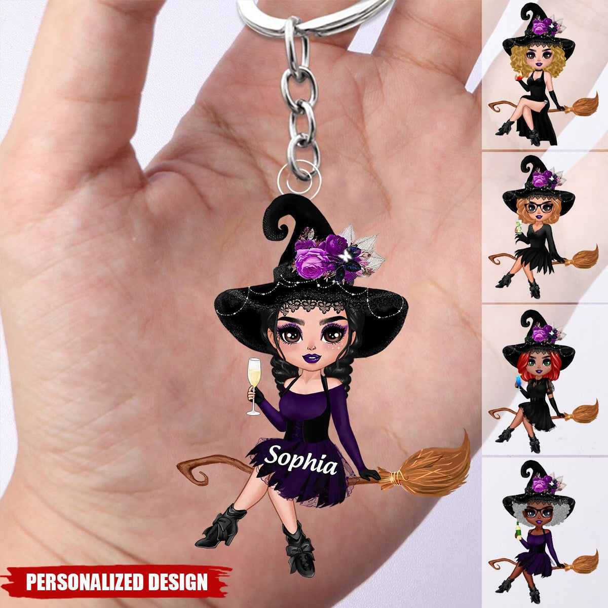 Witch Riding Broom Mystical Girl-Personalized Acrylic Keychain-Best Personalized Halloween Gift