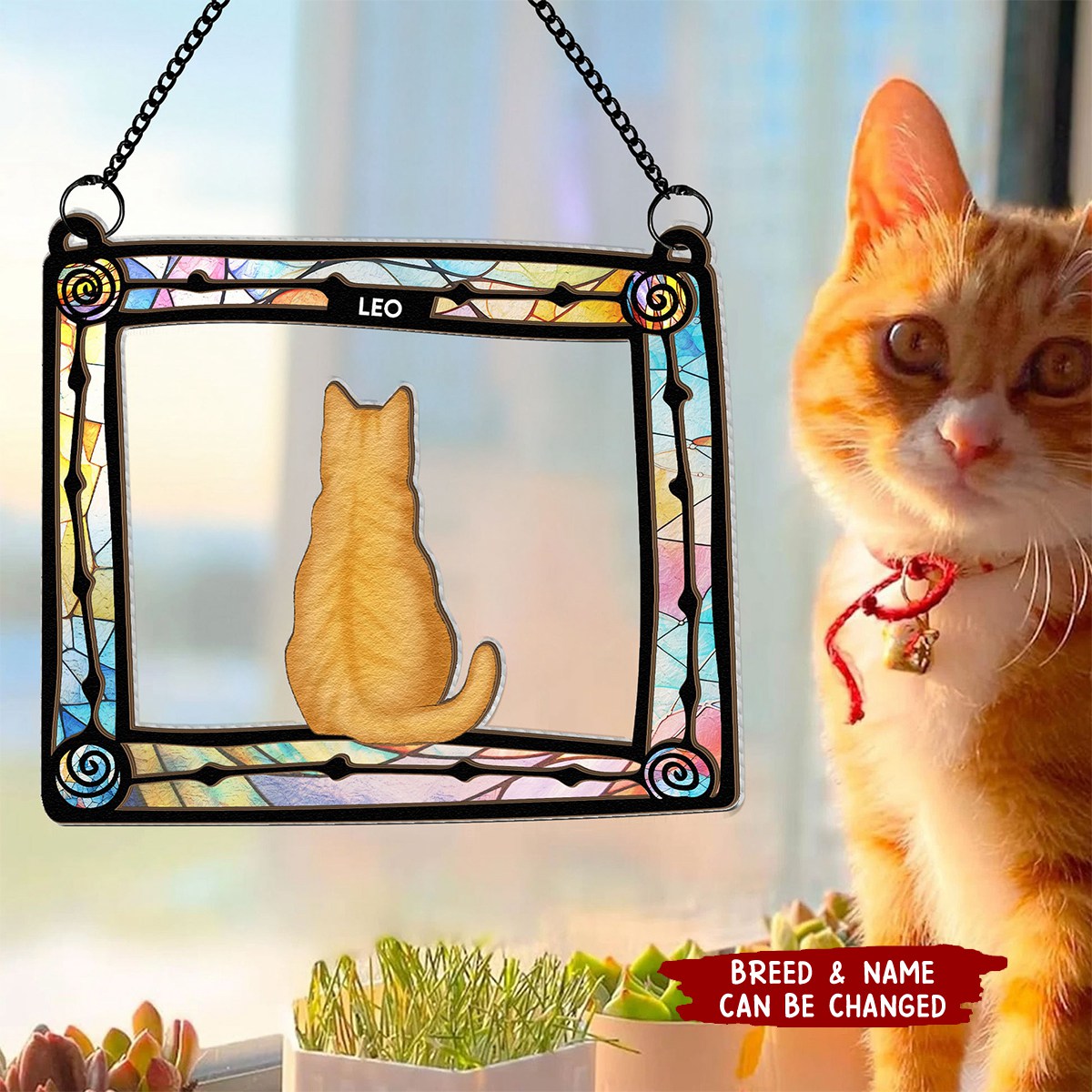 Cat Sitting In Frame - Personalized Window Hanging Suncatcher Ornament