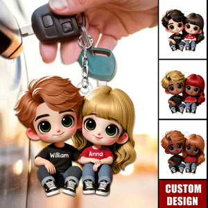 Cartoon Couple Sitting Personalized Keychain, Anniversary Gift For Wife,Husband