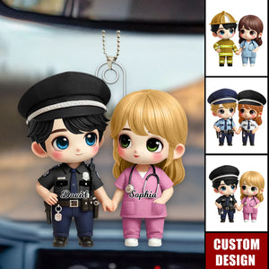 Cute Cartoon Couple by Occupation Personalized Car Ornament, Anniversary Gift For Couple