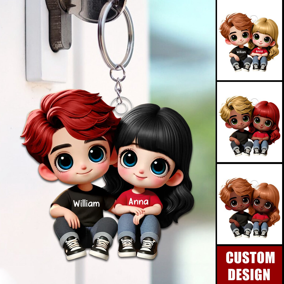 Cartoon Couple Sitting Personalized Keychain, Anniversary Gift For Wife,Husband