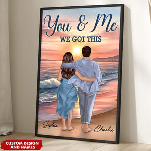 Personalized Back View Couple Embracing & Walking On The Beach Poster, Heartfelt Gift For Couple