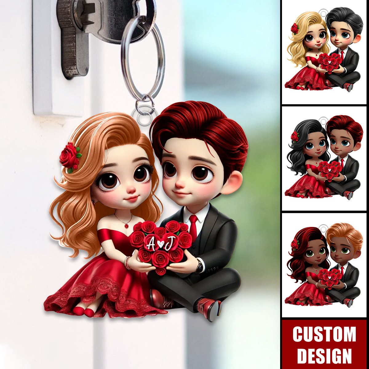 Romantic Valentine Couple Roses Personalized Keychain, Anniversary Gift for Couple