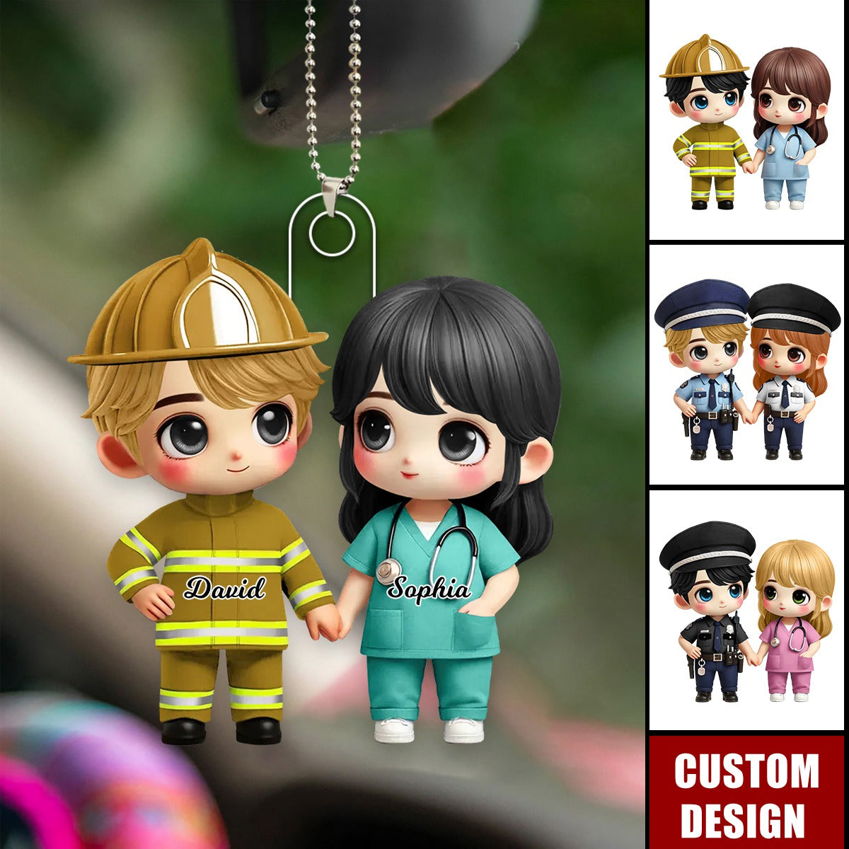 Cute Cartoon Couple by Occupation Personalized Car Ornament, Anniversary Gift For Couple