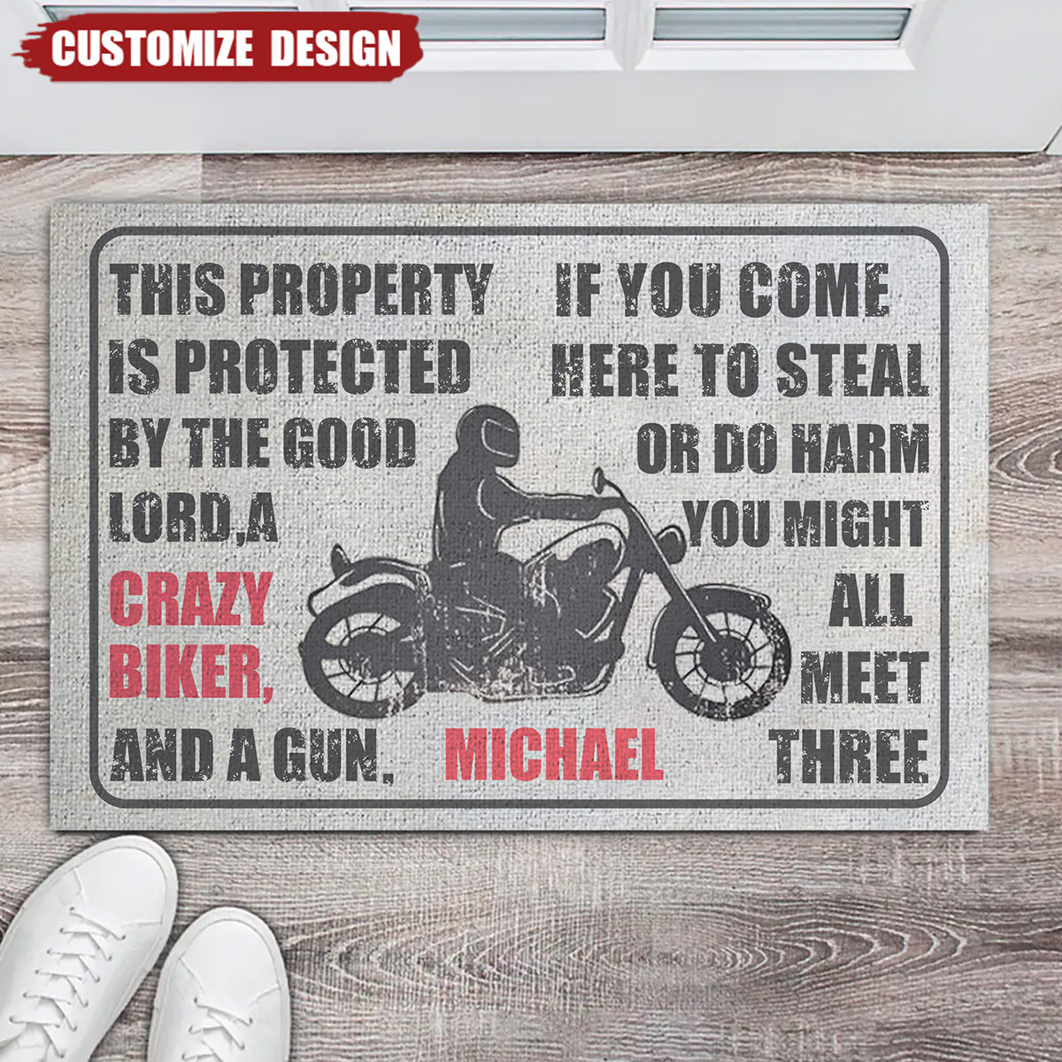 Protected By The Good Lord And Crazy Biker - Personalized Doormat-Gift For Biker