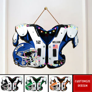 Personalized American Football Shoulder Pads And Helmet Wood Sign - Gift For American Football