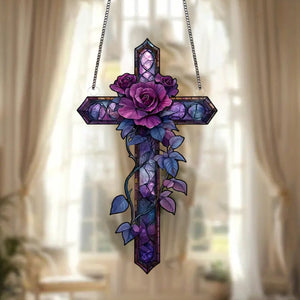 Purple Rose Cross Suncatcher-Gift for Family and Best Friends