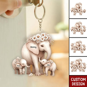 Mama Elephant With Little Kids Personalized Acrylic Keychain - Mother's Day Gift