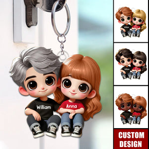 Cartoon Couple Sitting Personalized Keychain, Anniversary Gift For Wife,Husband