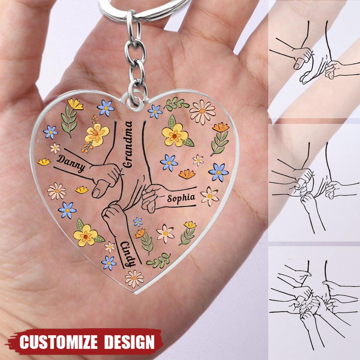 Floral Mom / Grandma Hand - Personalized Acrylic Keychain