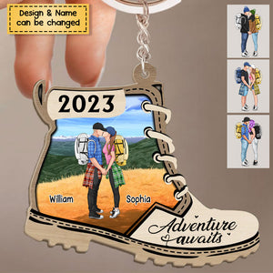 Hike More Worry Less- Personalized Hiking Kissing Couples Wooden Keychain, For Hiking Lovers