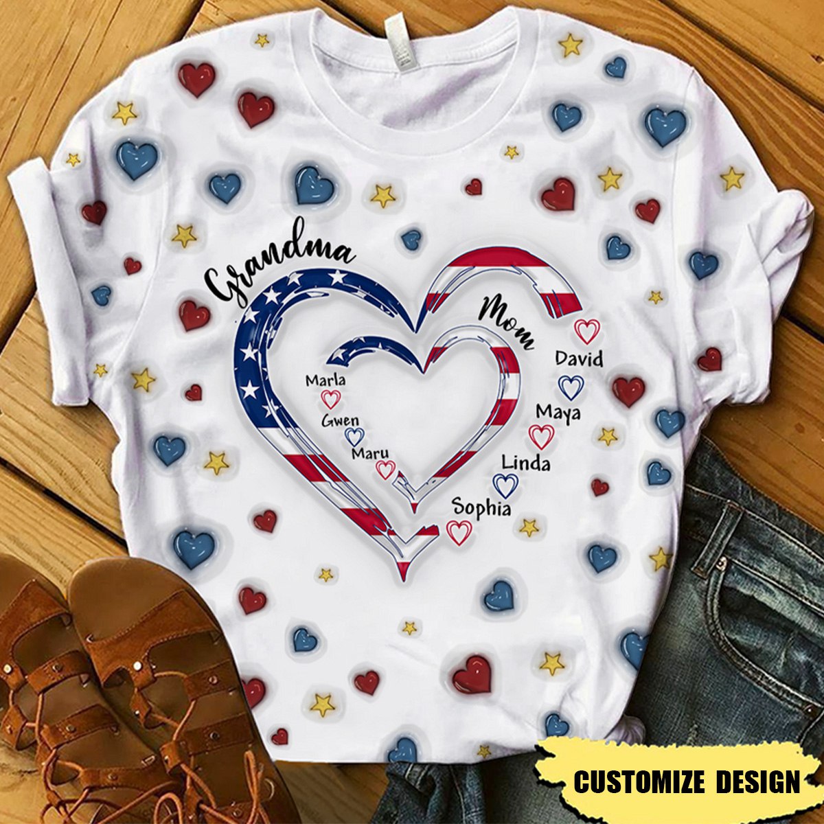 Heart Grandma Heart Mom With Kid Name 3D Inflated Effect 3D T-shirt