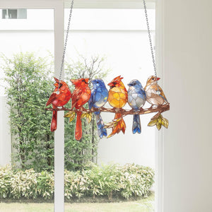 Six Little Bird on Branch - Window Hanging Suncatcher