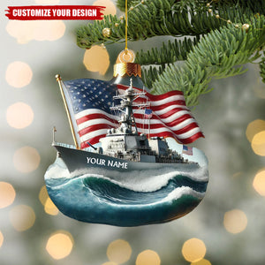 Personalized Navy Ship and Flag Christmas Ornament - 2024 New Release