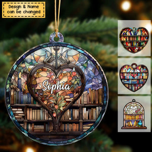 Personalized Bookshelf Stained Glass Ornament, Book Christmas Acrylic Ornament, Book Club Ornament, Book Lovers Gift