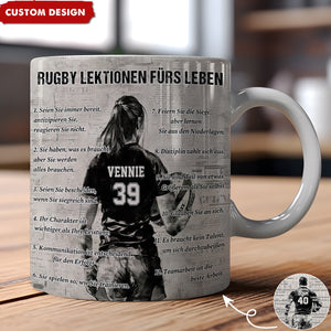 Personalisierte Rugby-Lebenslektionen-Tasse, Geschenk für Rugby-Liebhaber