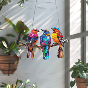 Three Little Bird on Branch Window Hanging Suncatcher Ornament Gift For Bird Lover