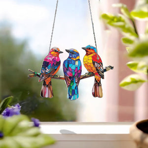 Three Little Bird on Branch Window Hanging Suncatcher Ornament Gift For Bird Lover