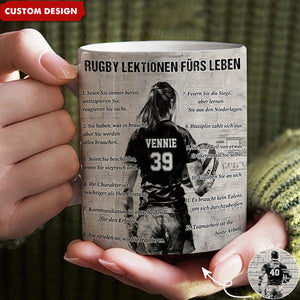 Personalisierte Rugby-Lebenslektionen-Tasse, Geschenk für Rugby-Liebhaber