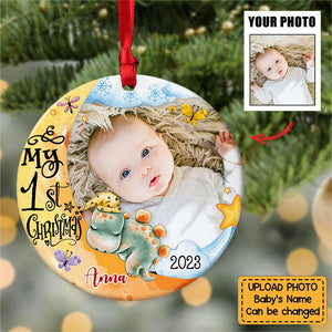 Gift For Baby First Christmas Dinosaur Nursery Photo Circle Personalized Ornament