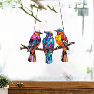 Three Little Bird on Branch Window Hanging Suncatcher Ornament Gift For Bird Lover