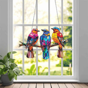 Three Little Bird on Branch Window Hanging Suncatcher Ornament Gift For Bird Lover