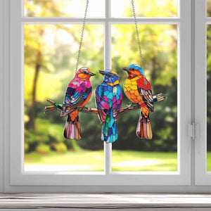 Three Little Bird on Branch Window Hanging Suncatcher Ornament Gift For Bird Lover