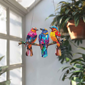 Three Little Bird on Branch Window Hanging Suncatcher Ornament Gift For Bird Lover