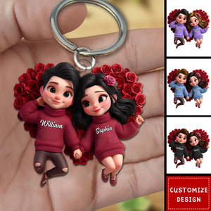 Personalized Rose Heart Couple Acrylic Keychain - Anniversary Gift For Wife,Husband