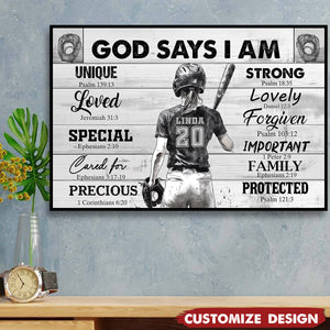 God Says I Am-Personalized Motivational Softball Girl Poster-Gift For Softball Lovers