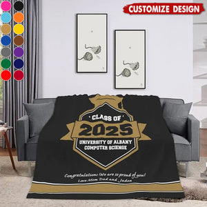 Personalized Multicolor Graduation Hat Soft Fleece Blanket with Year School Name and Warm Text Class of 2025 Gift for Graduate