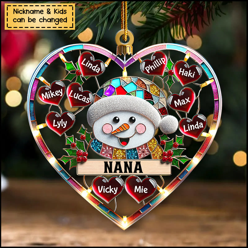 Sparkling Grandma Mom Snowman Heart Kids Personalized Ornament