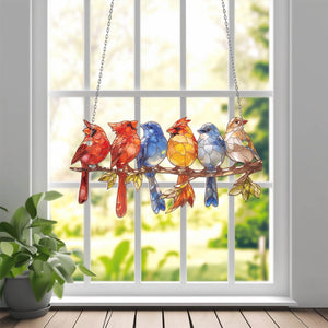 Six Little Bird on Branch - Window Hanging Suncatcher