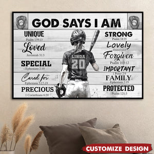 God Says I Am-Personalized Motivational Softball Girl Poster-Gift For Softball Lovers