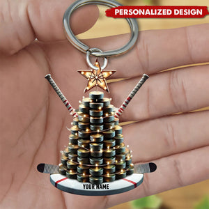 Personalized Hockey Christmas Keychain with Puck Tree and Sticks - Gift For Hockey Lovers - 2024 New Release