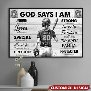 God Says I Am-Personalized Motivational Softball Girl Poster-Gift For Softball Lovers