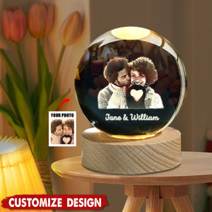 Snow Globe Night Light, Personalized 2D Crystal Ball, Engraved Glass Photo Snow Globe-Gift For Couple