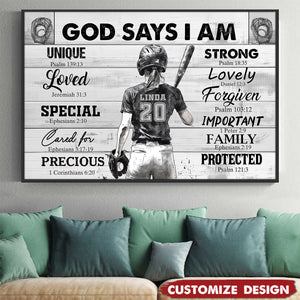 God Says I Am-Personalized Motivational Softball Girl Poster-Gift For Softball Lovers