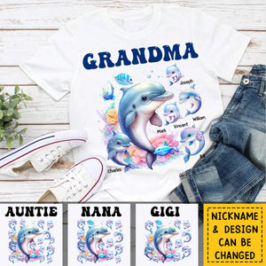 Personalized Grandma Dolphin with Kid Names Printed T-shirt