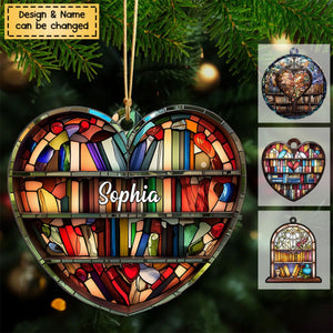 Personalized Bookshelf Stained Glass Ornament, Book Christmas Acrylic Ornament, Book Club Ornament, Book Lovers Gift