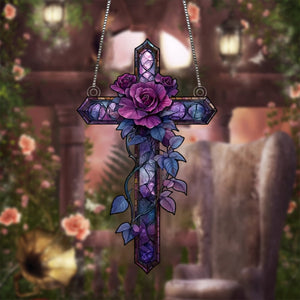 Purple Rose Cross Suncatcher-Gift for Family and Best Friends