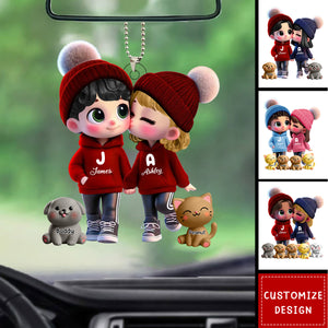 Cute Cartoon Couple You Me And The Dog Cat Personalized Acrylic Car Ornament-Gift For Couple