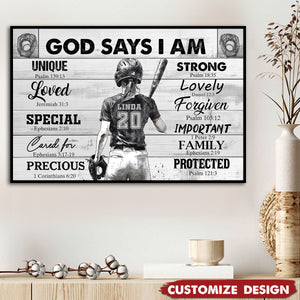 God Says I Am-Personalized Motivational Softball Girl Poster-Gift For Softball Lovers