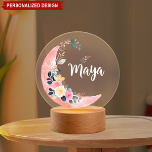 Personalized Moon Floral Pattern Nursery LED Night Light with Wooden Base Name Children's Room Decor Baby Shower Birthday Gift for Kid