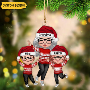 Happy Christmas Doll Grandma With Grandkids Personalized Acrylic Ornament, Gift For Granddaughter Grandson