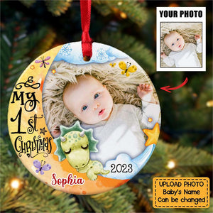 Gift For Baby First Christmas Dinosaur Nursery Photo Circle Personalized Ornament