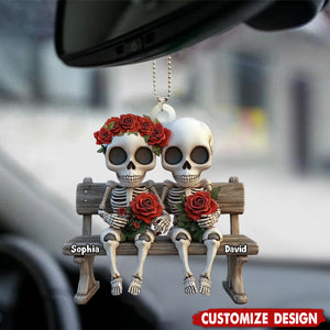 Skull Couple Roses Flower - Personalized Couple Car Ornament - Anniversary Gift For Husband,Wife