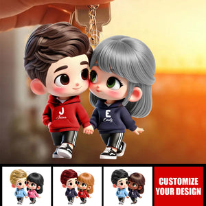 Cute Cartoon Couple Holding Hands Personalized Acrylic Keychain, Anniversary & Valentine's Day Gift