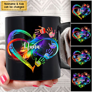 Personalized Grandma Grandkids Infinity Heart Hand Prints Black Mug